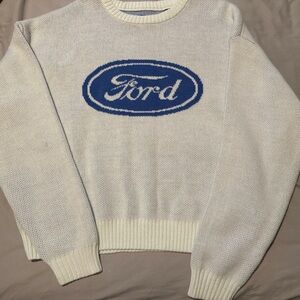 PacSun Cream Crewneck Sweater with Blue Ford Oval
